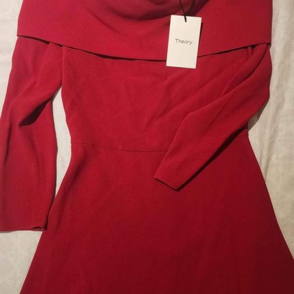 Theory Kensington Red Off Shoulder Quarter Length Midi A-Line Dress - Picture 4 of 4